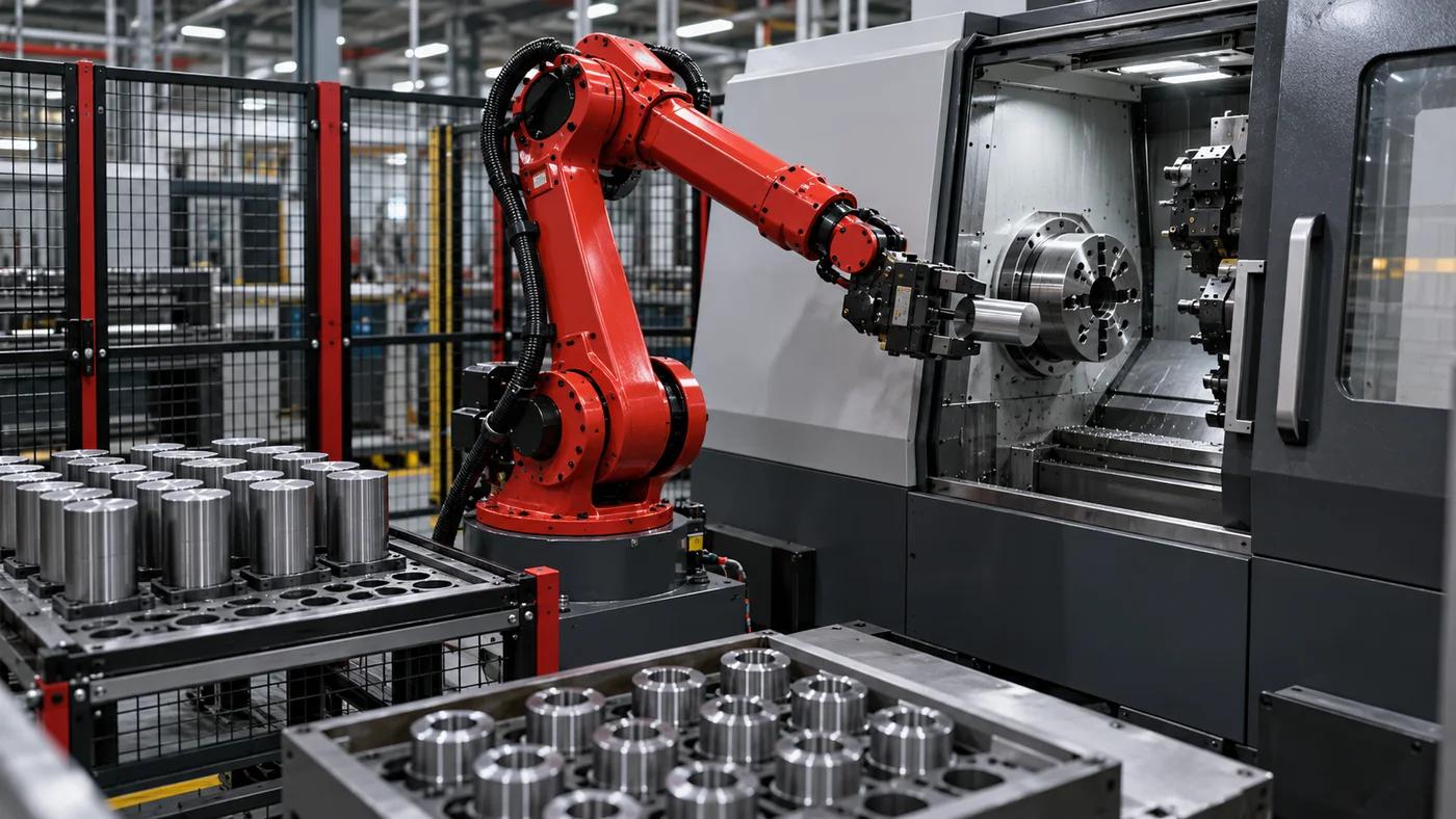 CNC tezgâhına silindirik metal parça yükleyen robot, temsili görsel