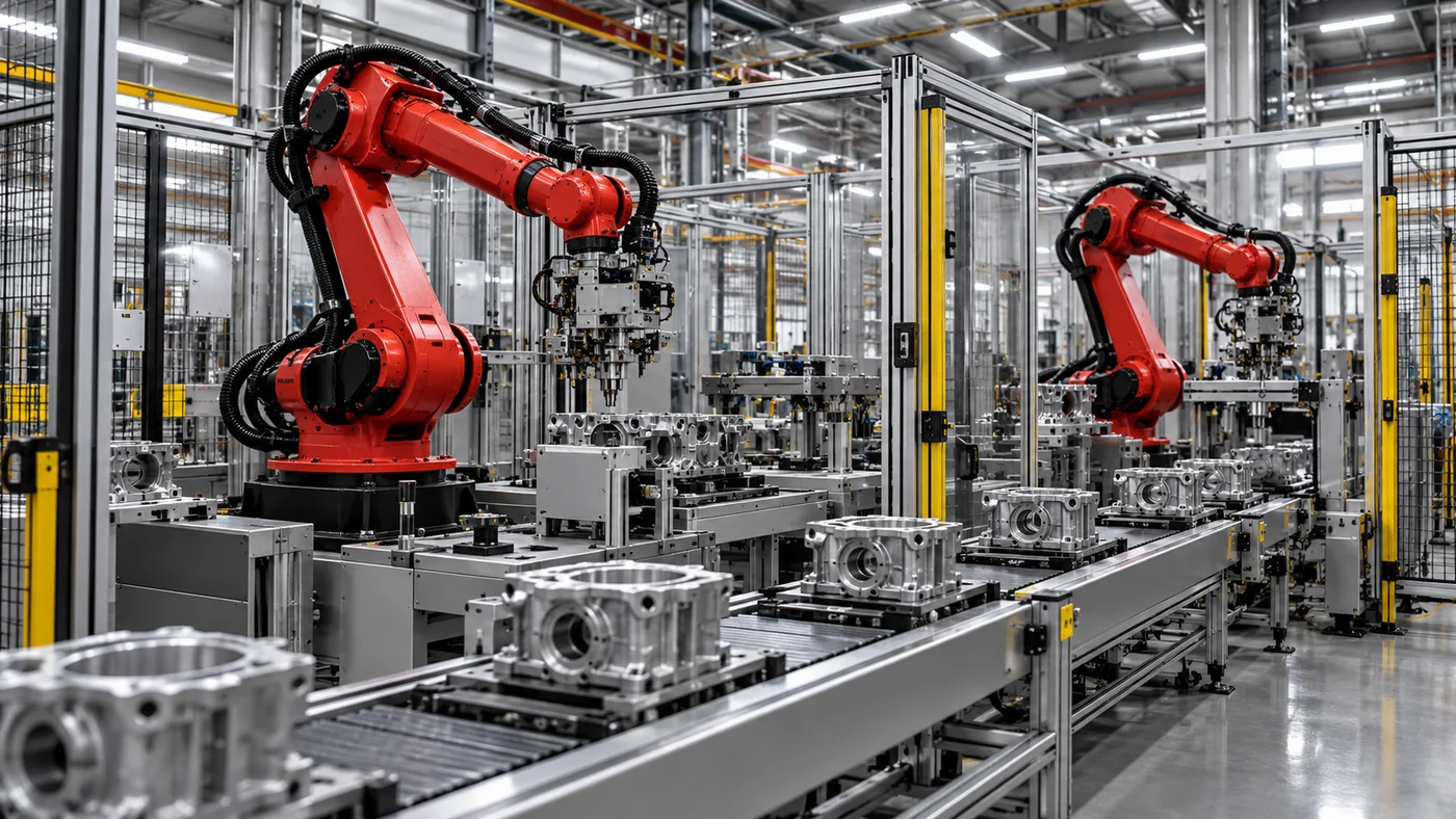 Fabrikada korumalı üretim hücresindeki endüstriyel robotlar, temsili görsel